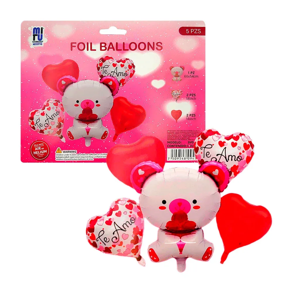 Paquete con 5 globos, 4 de corazón de 18in + 1 grande de osito enamorado / sv044
