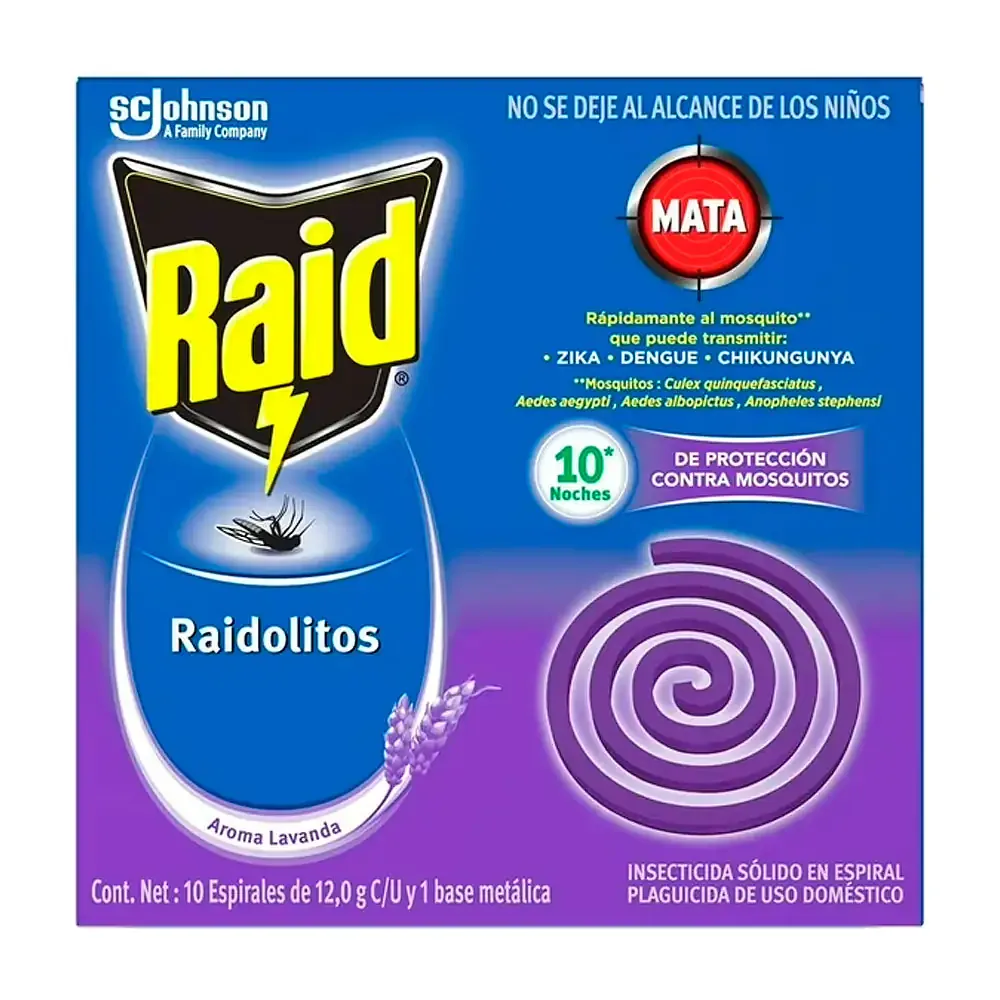 Paquete con 10 raidolitos lavanda para eliminar zancudos - mosquitos + base metálica