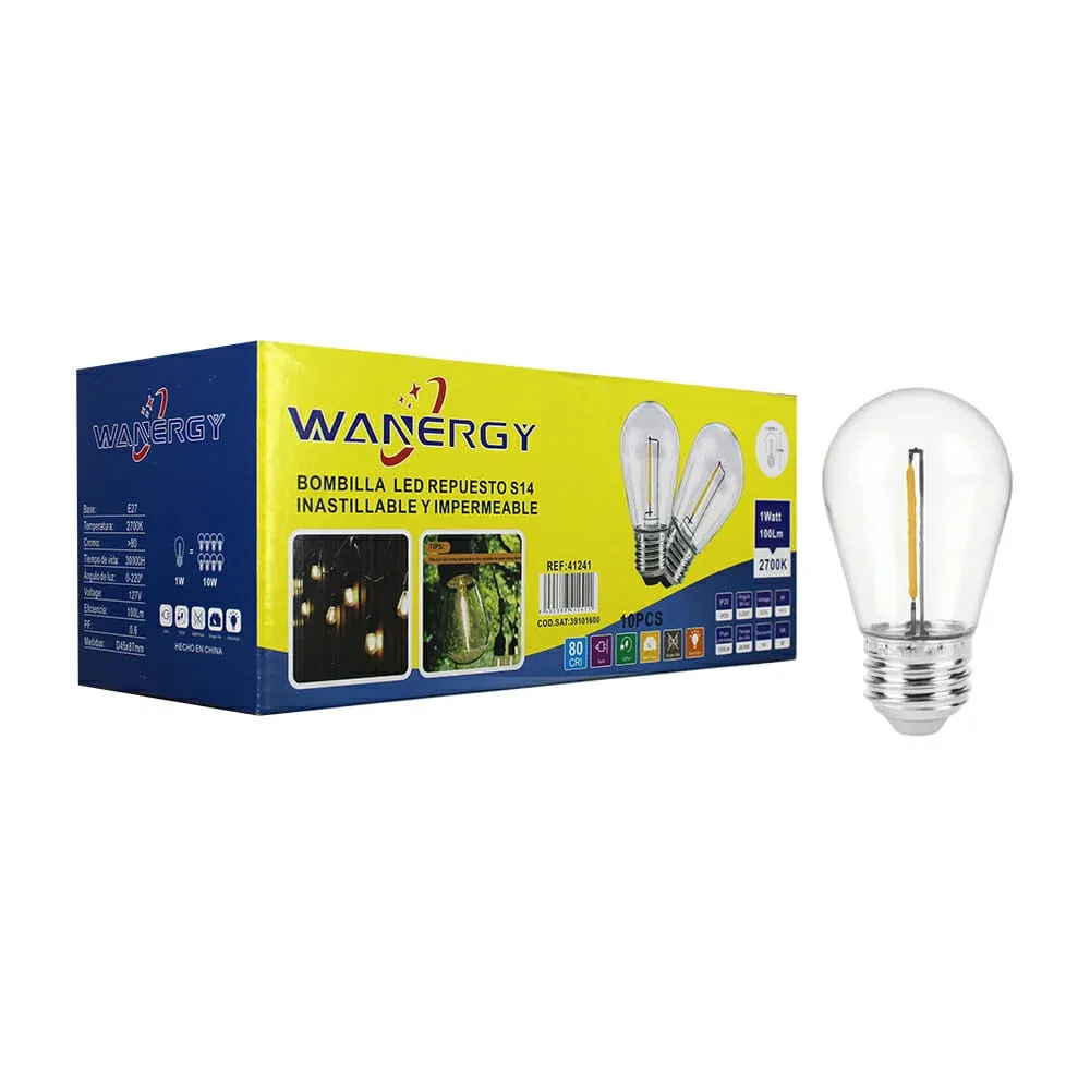 Caja con 10 focos bombillas s14 wanergy luz cálida con luminosidad de 100 lúmenes y consumo de 1 watt / 41241