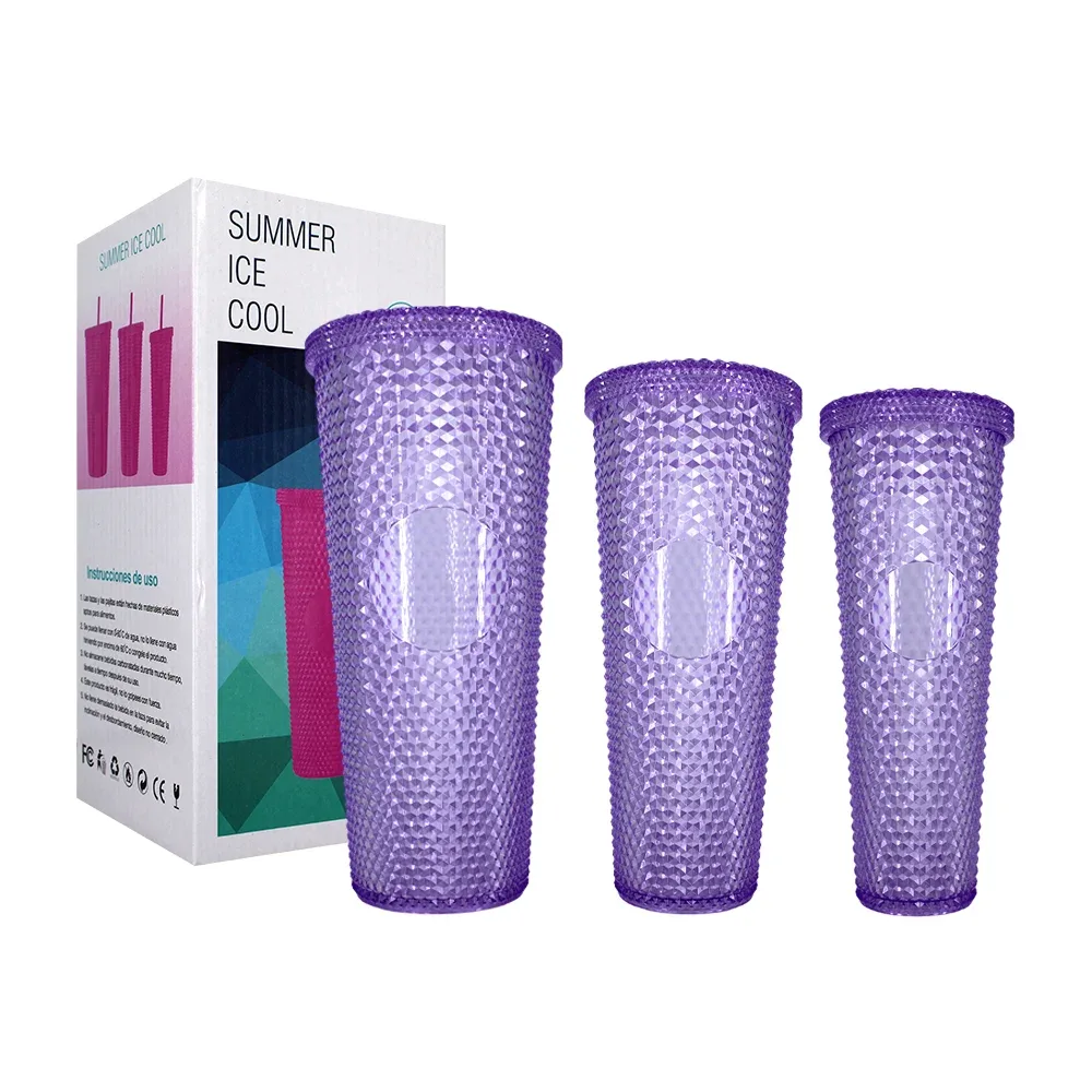 Juego de 3 vasos texturizados con relieves de plástico translúcido + calcomanía, variedad de colores / summer ice cool