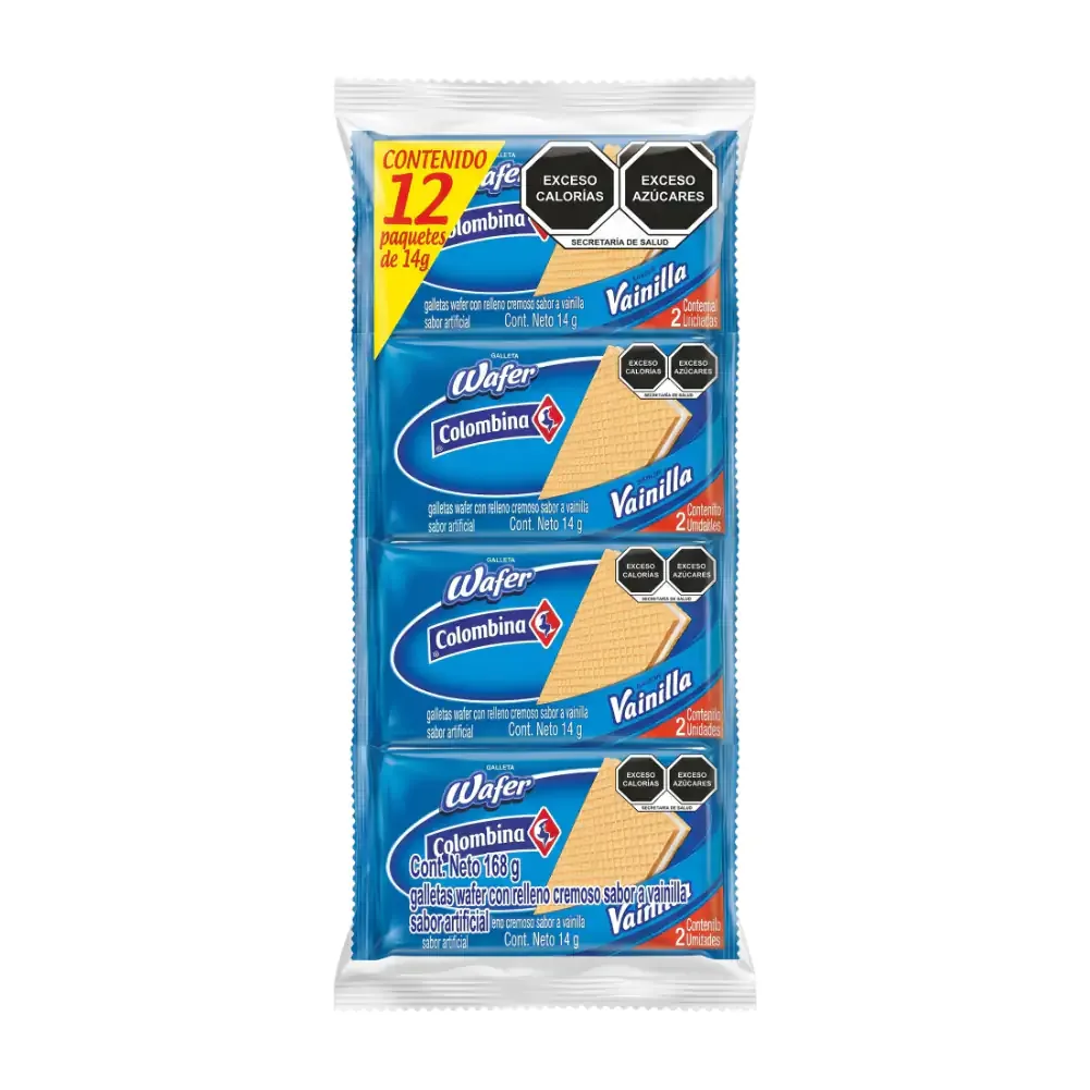 Paquete con 12pzas wafer colombina, galleta rellena sabor vainilla 168g / 002019