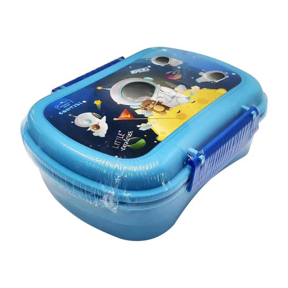 Tupper rectangular de plástico con 2 compartimientos y cubiertos, diseño espacial / 311519