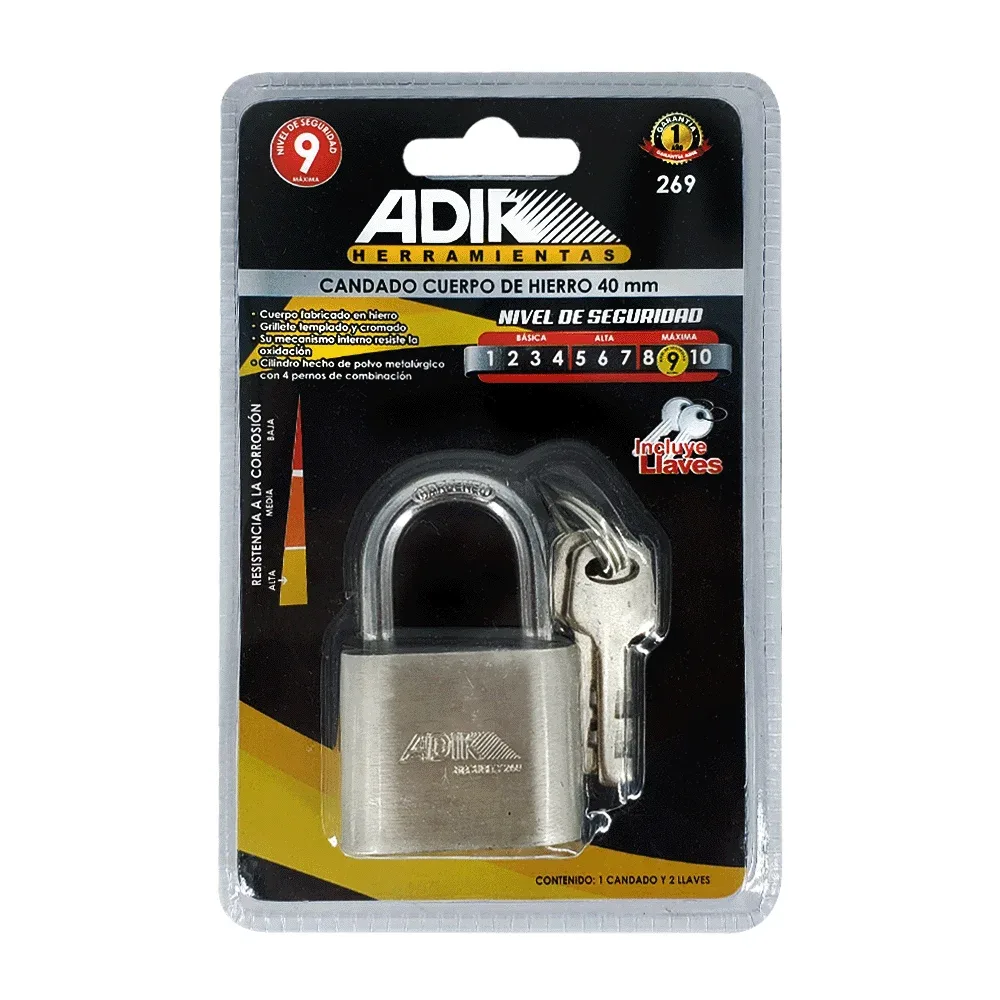 Candado corto de hierro 40mm, con nivel de seguridad máximo + juego de 2 llaves / adir