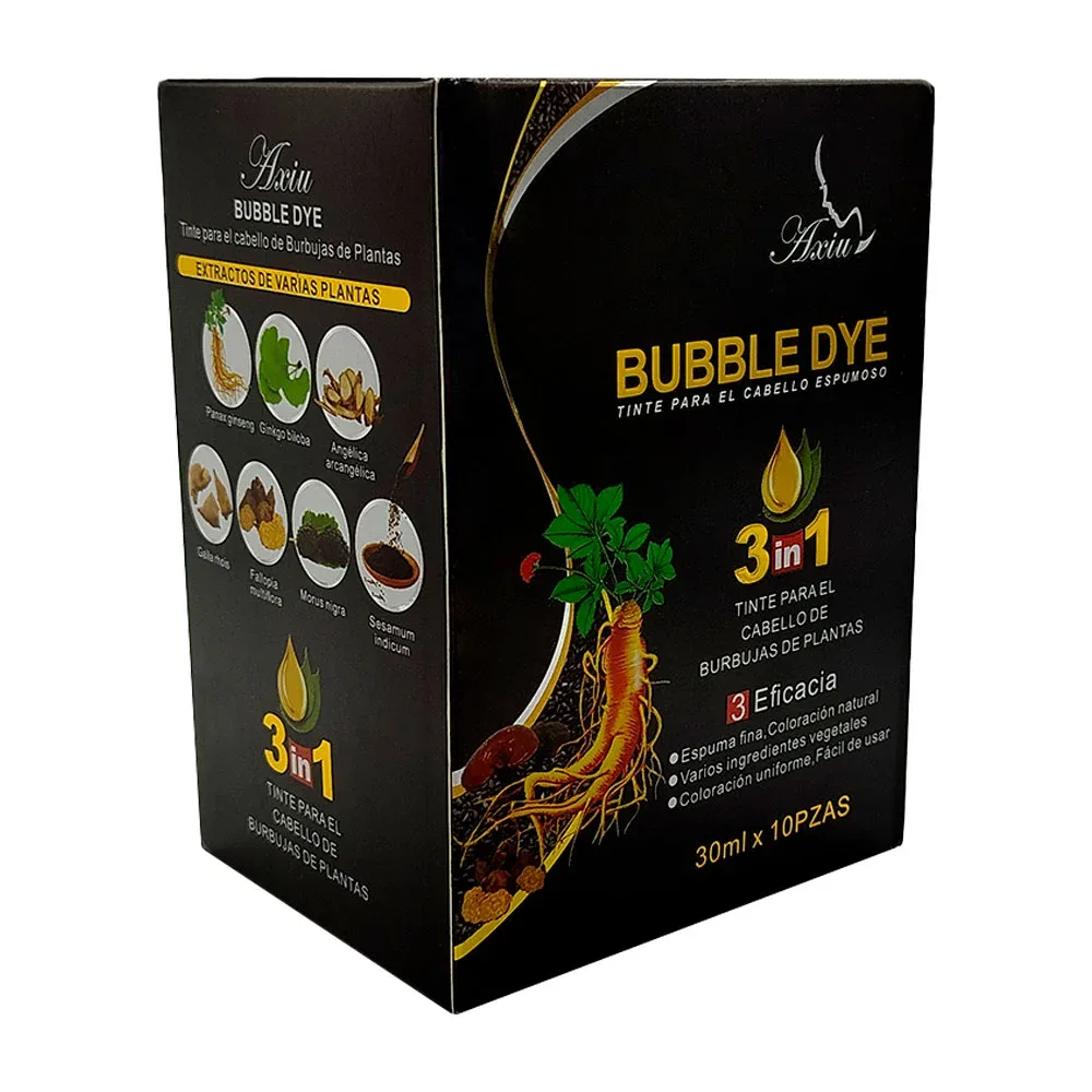 Caja con 10 sobres de shampoo 3 en 1 con tinte para el cabello y extracto de plantas, color negro / bubble dye / 30ml