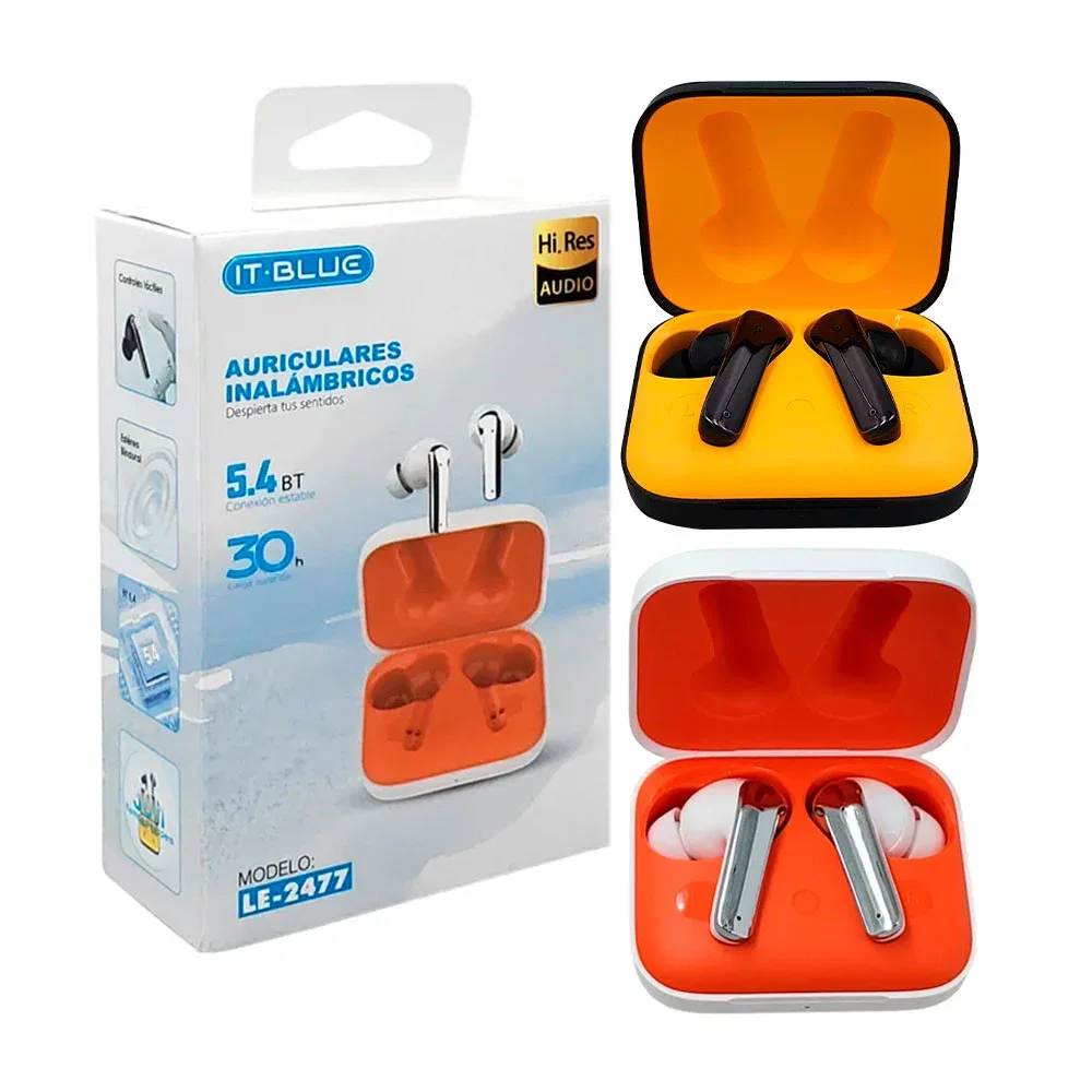 Audífonos inalámbricos it blue con diseño metálico y estuche rectangular