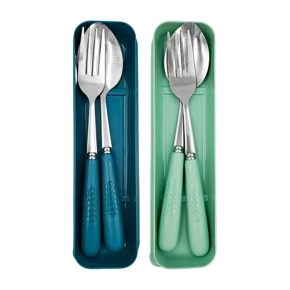 Estuche con cuchara y tenedor color plata, mango con diseño de panal, variedad