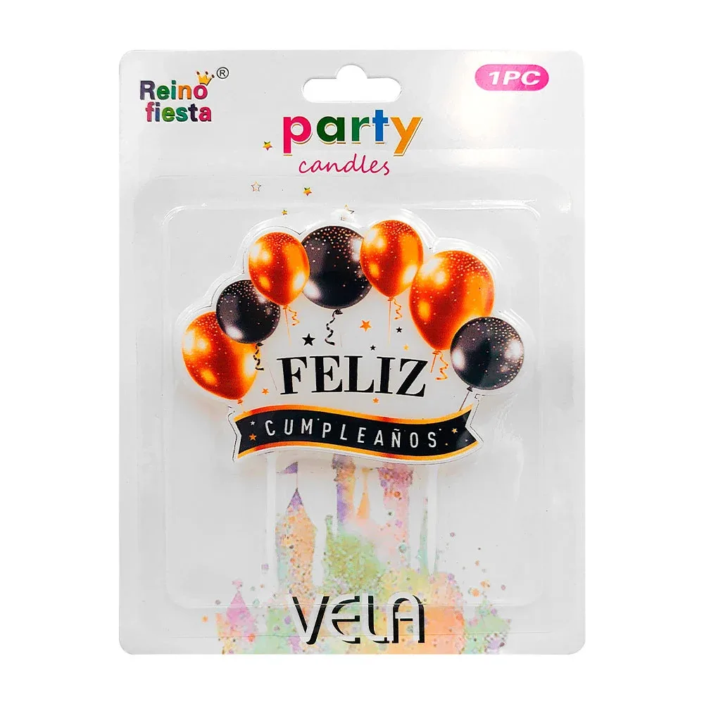 Blister 1 vela con estampado feliz cumpleaños, globos y detalles metálicos