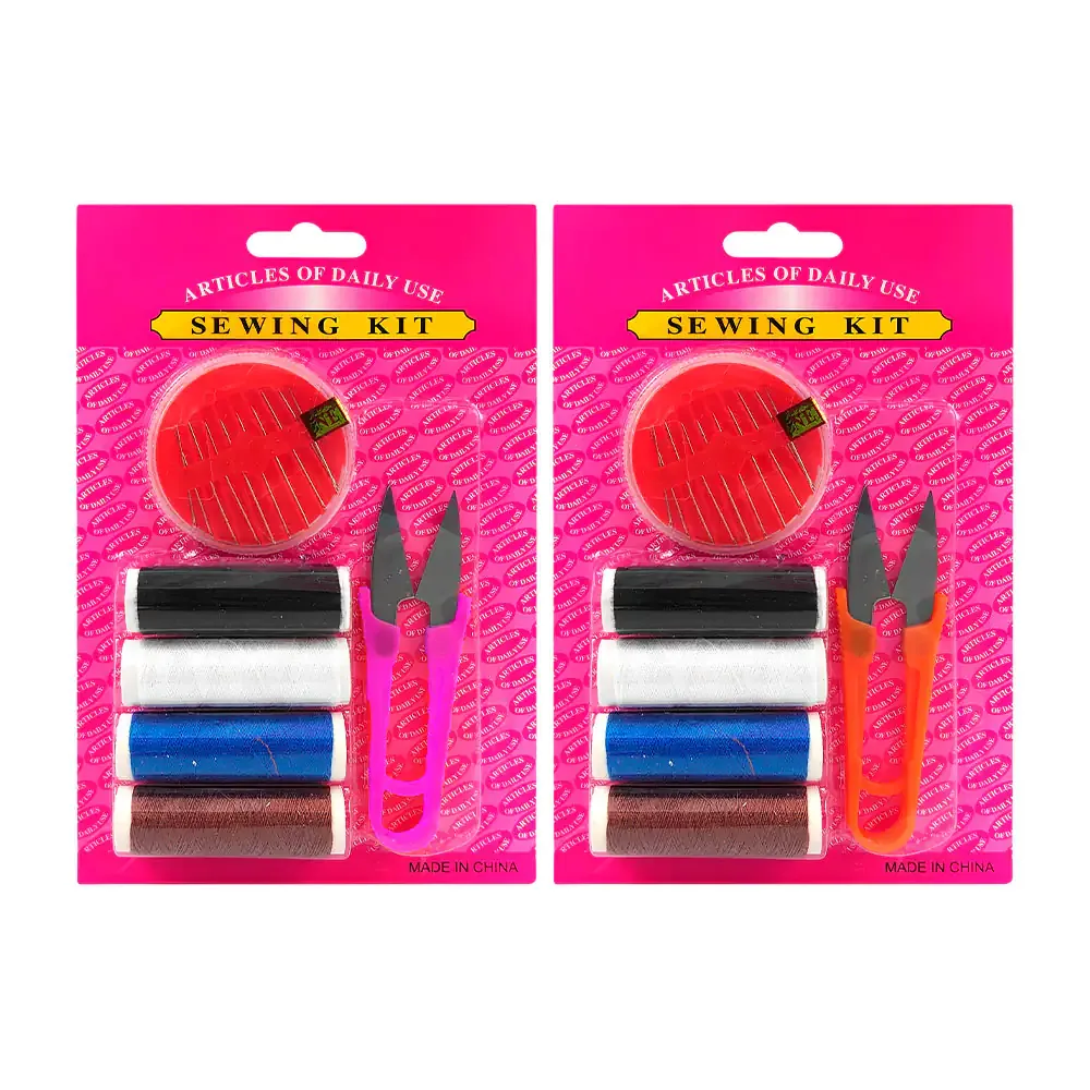 Kit de costura con 4 hilos de colores, 10 agujas y tijeras con mango de plástico