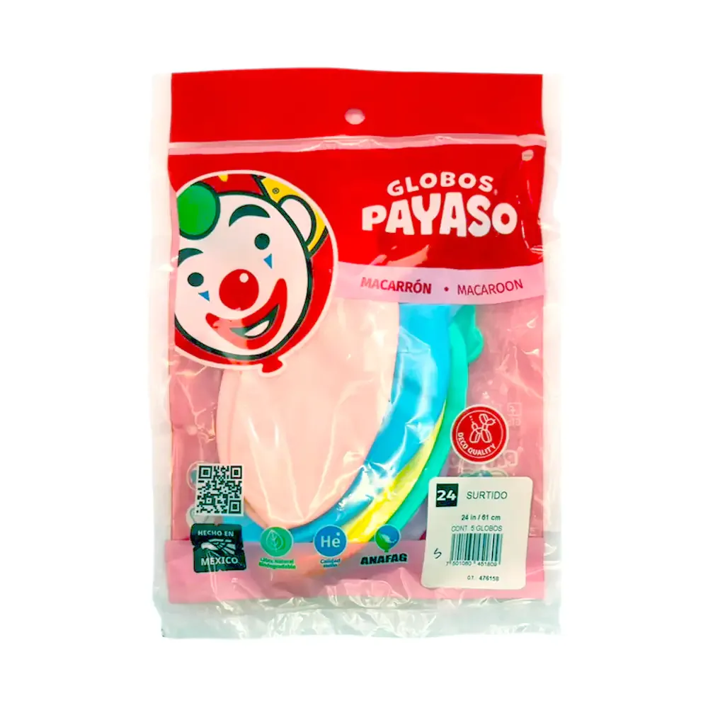 Paquete con 5 globos payaso de 24 pulgadas - 61cm en tonos macarrón / 451809