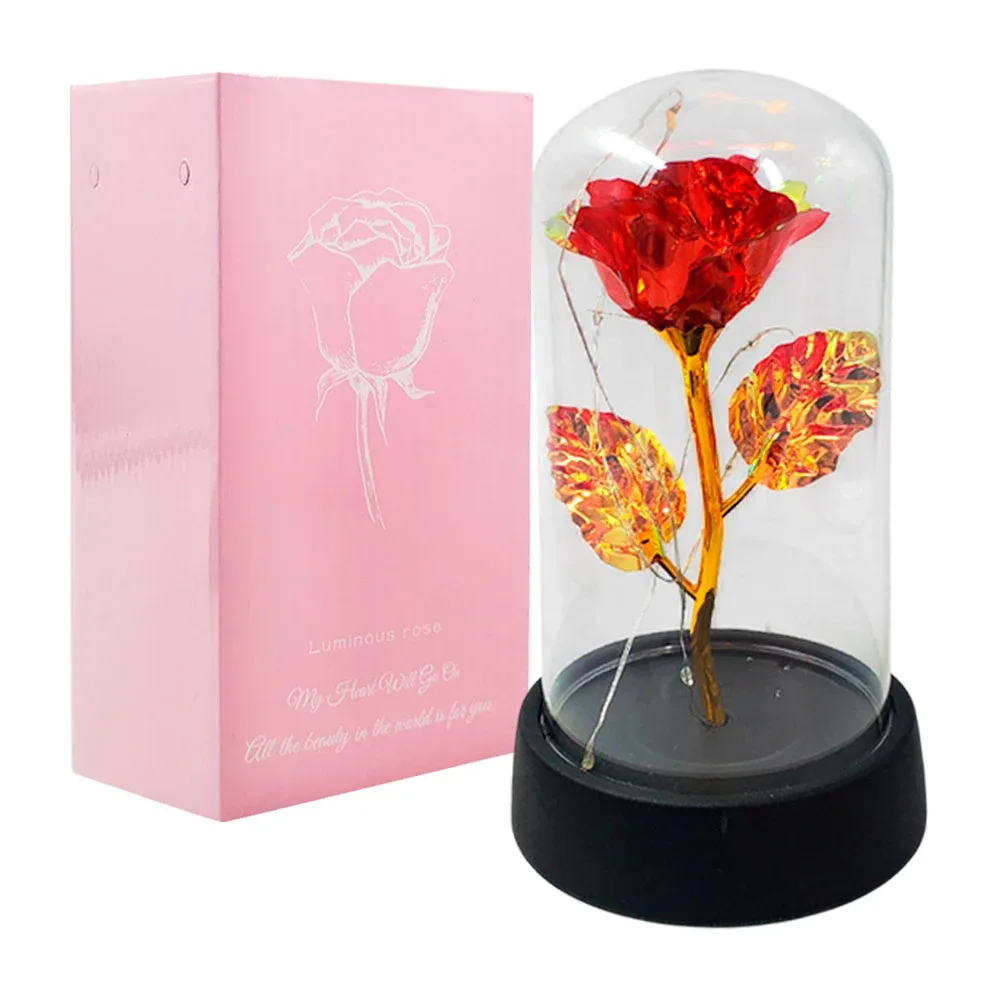 Rosa encapsulada en tonos tornasol y base negra con serie de luz rgb, 15 cm