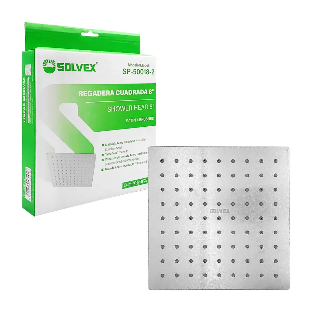 Regadera cuadrada solvex de 8 pulgadas con conexión de bola y tapa de acero inoxidable / sp-50018