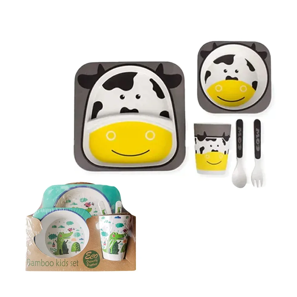 Set de bamboo infantil 5pzas 2 platos, vaso y cubiertos, variedad de modelos / bam.a010