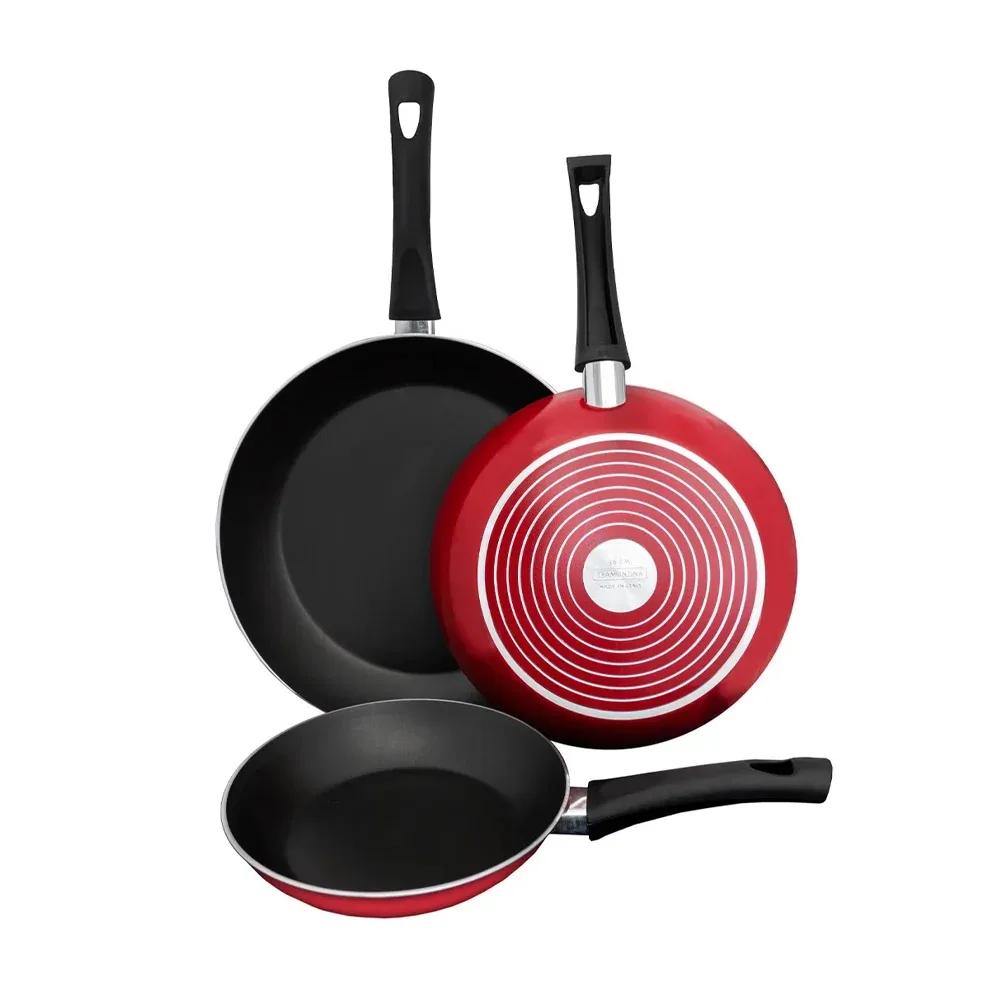 Juego de 3 sartenes en color rojo con mango de plástico, variedad de tamaños / lazio 80112049