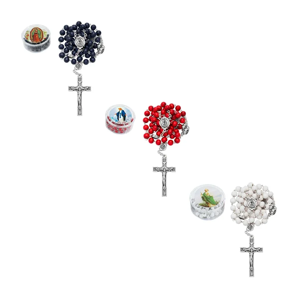 1pza Rosario de madera con imágen religiosa católica, variedad de colores / f072