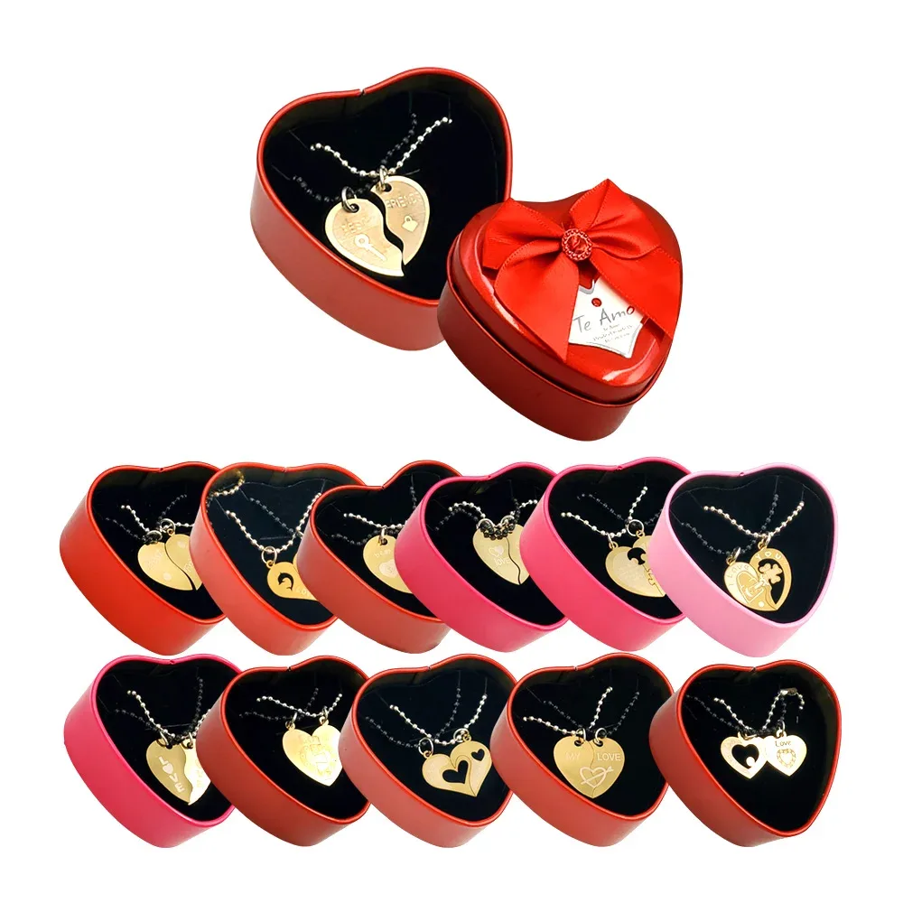 Estuche metálico en forma de corazón con collares duo, pareja o amigos, surtido