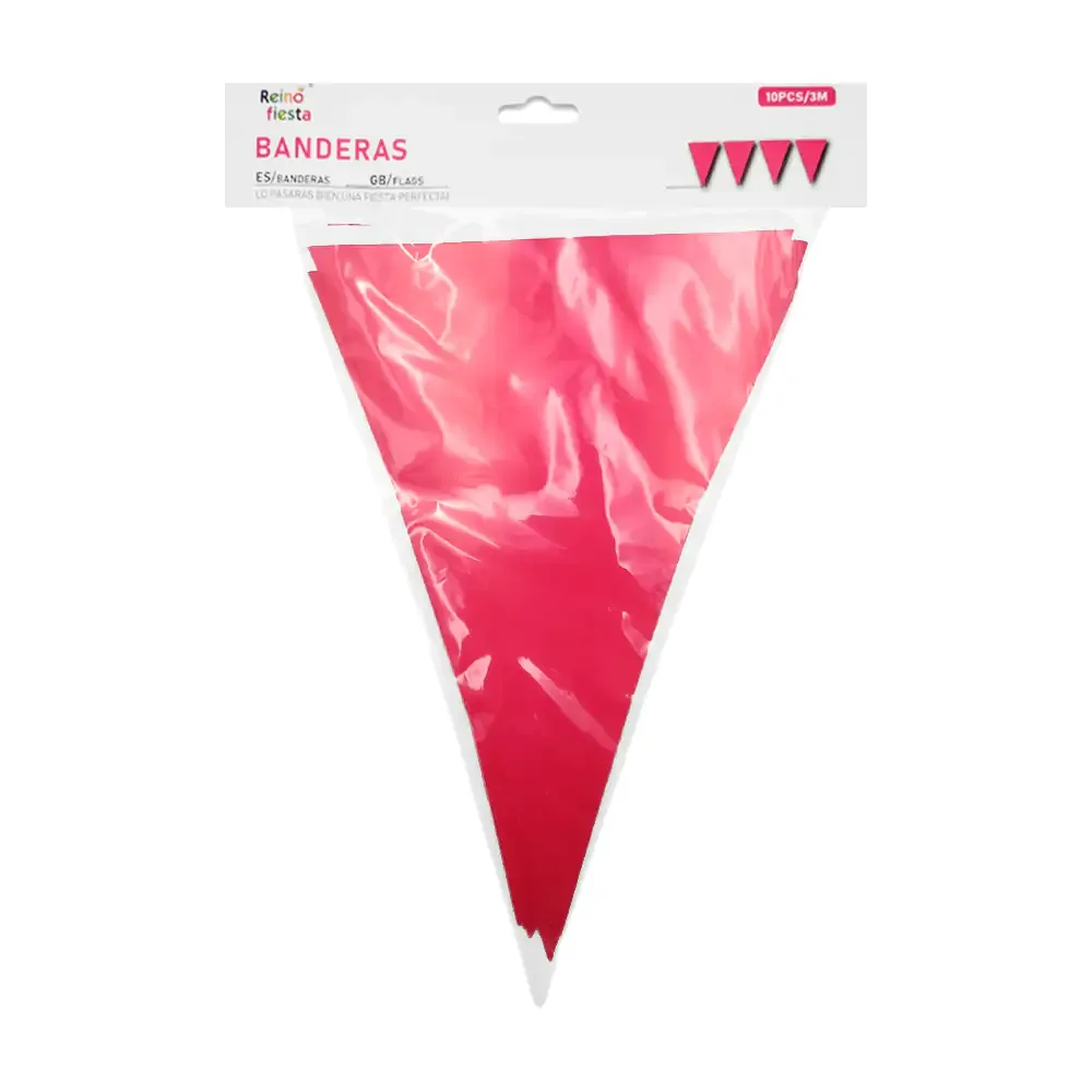 Banner banderín triangular reino fiesta con 10pz, color fiusha y diseño liso, 3m
