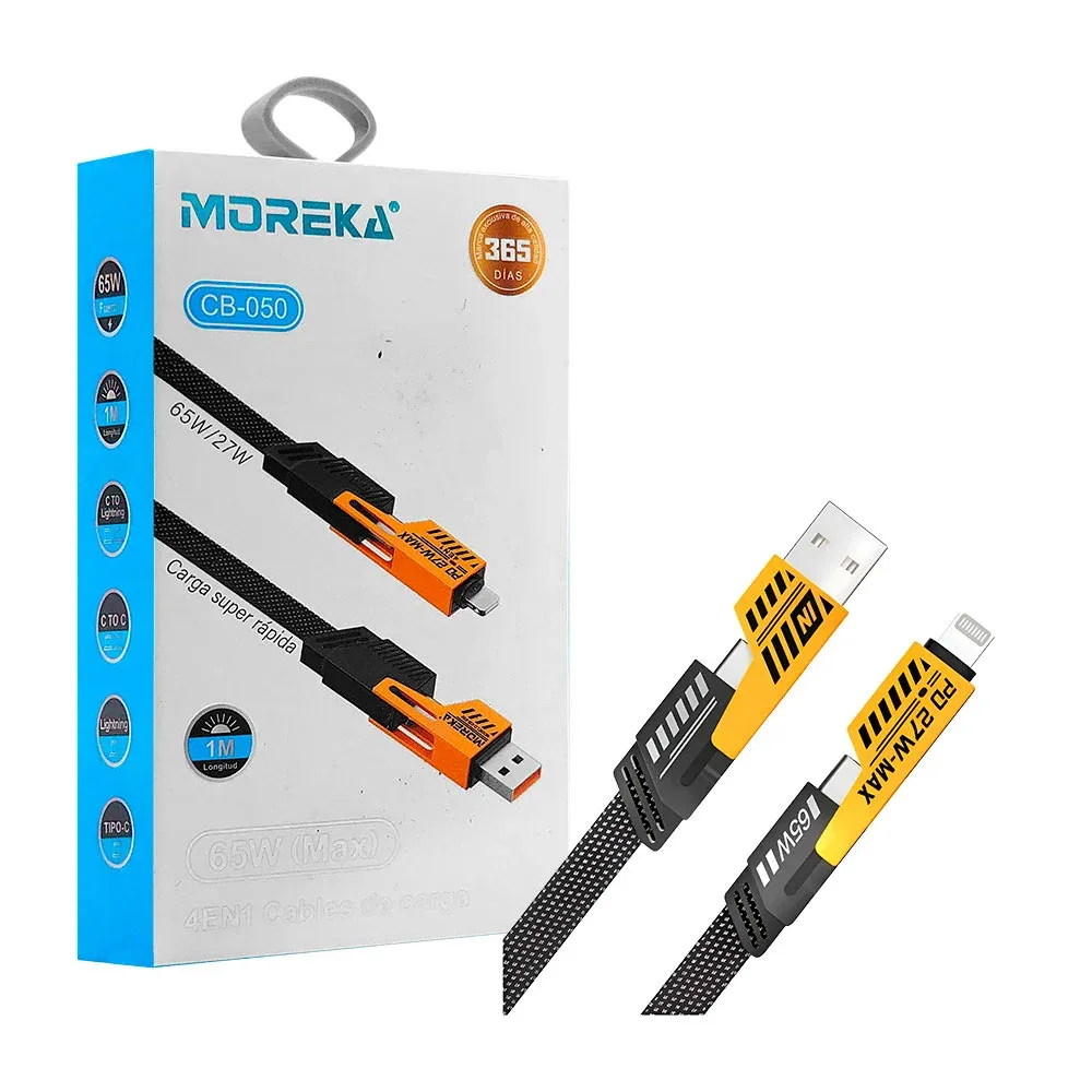 Cable de carga 4en1, 65w max, 1m longitud, 2 tipo c, 1 usb, 1 Lightning