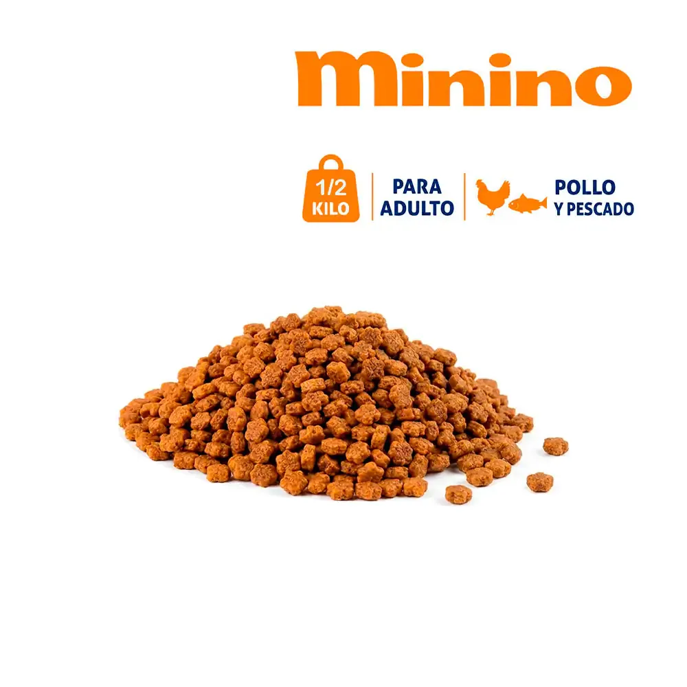 Medio kilo de croquetas minino para gatos adultos de todo tipo de razas, sabor pollo y pescado