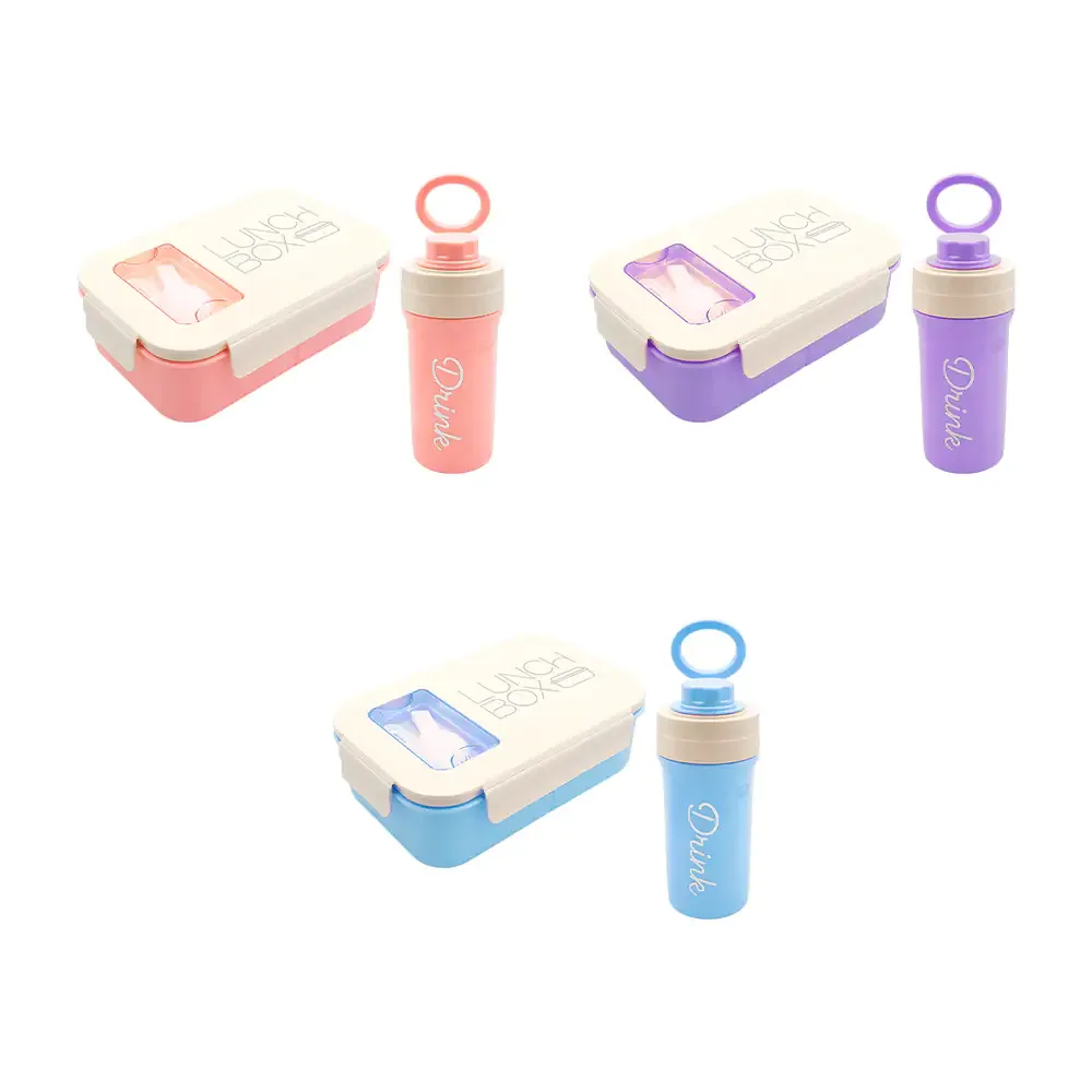 Set tupper cuadrado de 3 compartimentos y utensilios + botella, variedad de colores