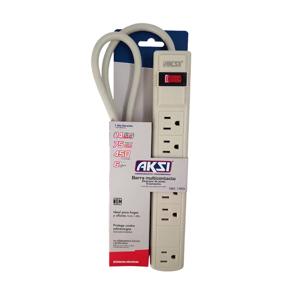 Barra multicontacto aksi con 6 tomacorrientes contactos, cable de 75cm y 450 joules / mul14-6e-450-ak