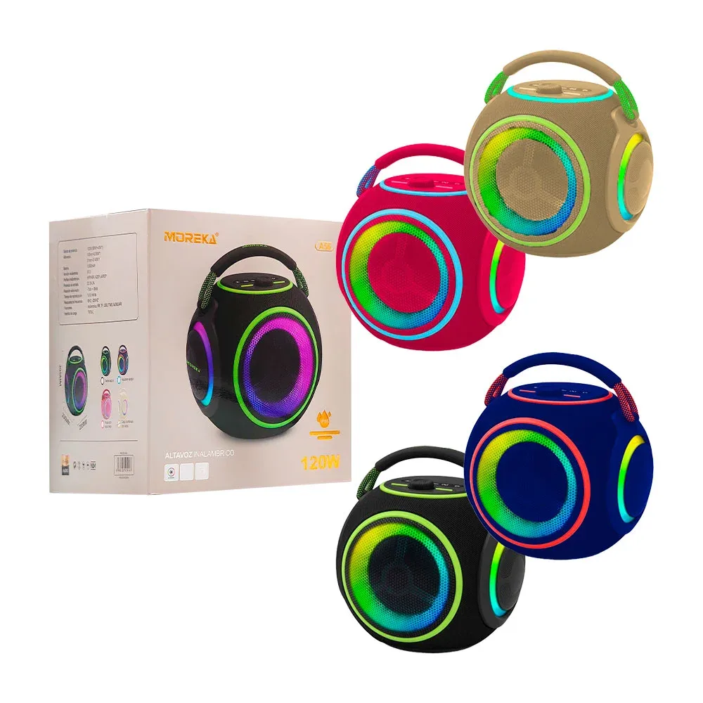 Bocina moreka, redonda con sonido 360 y potencia 120w, asa y luz rgb, variedad