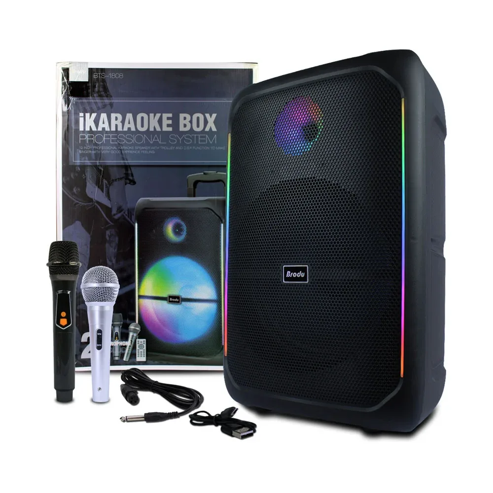 Bafle bocina con karaoke bluetooth de 12 pulgadas con 2 micrófonos, control remoto y luz led rgb / bts-1808