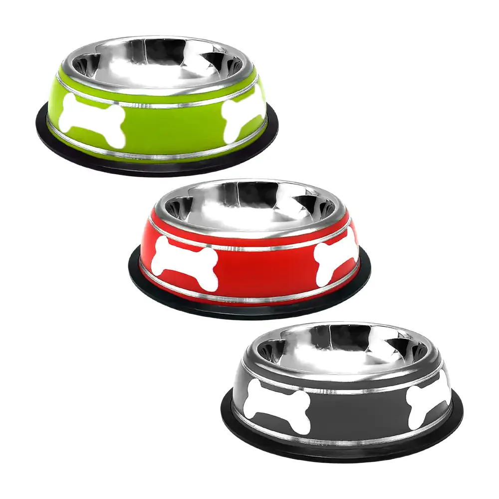 Plato tazón metálico para mascota con estampado de huesos, 18cm, variedad de colores