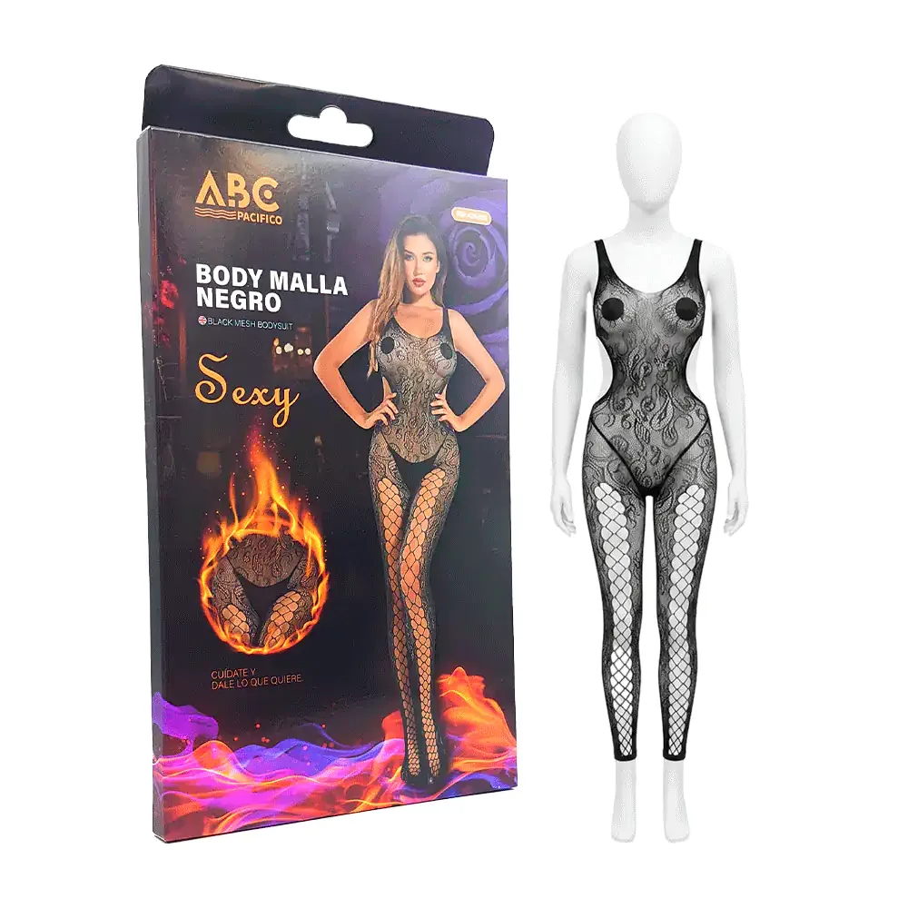Lenceria body completo con detalles de flores y abiertos, color negro unitalla