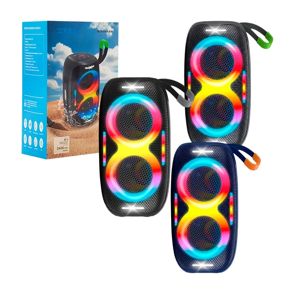 Bocina portatil moreka con luz rgb, doble diafragma, impermeable, 2400mah + asa