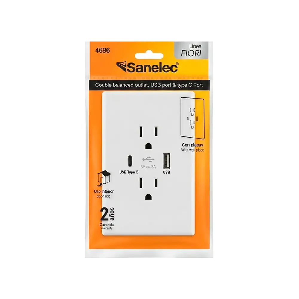 Placa fiori con 2 contactos color blanco + puerto usb y tipo c, sanelec