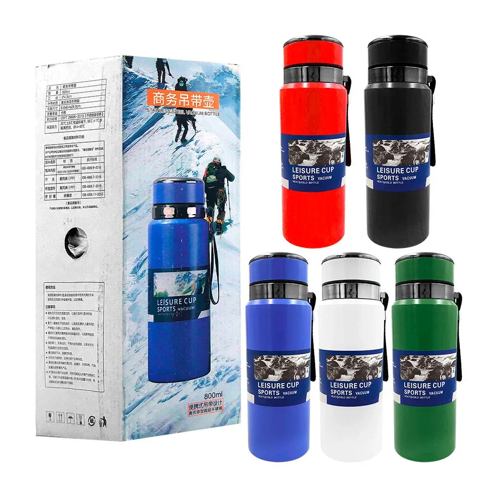 Botella termo de 800ml con detalles metálicos y agarradera, variedad de colores