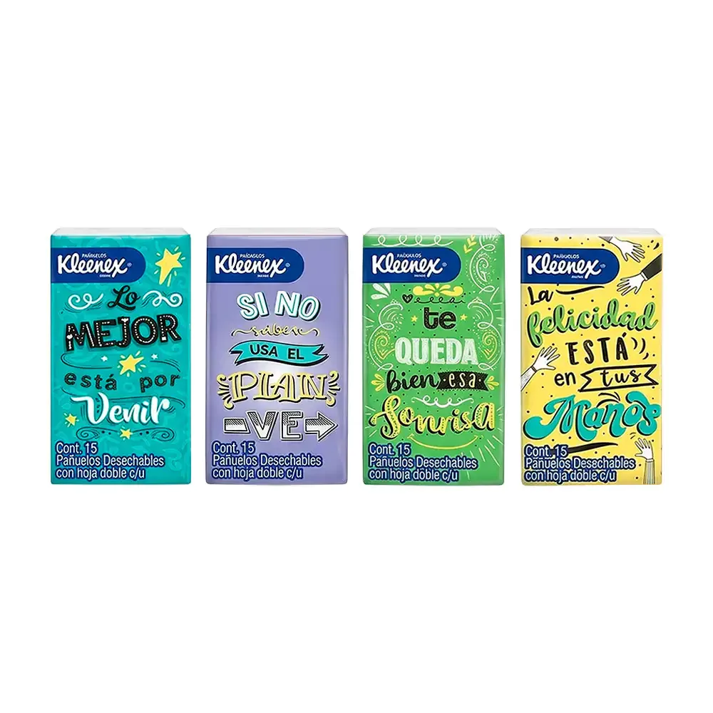 1pz pañuelos kleenex desechables, 15pz con hojas dobles, variedad de modelos