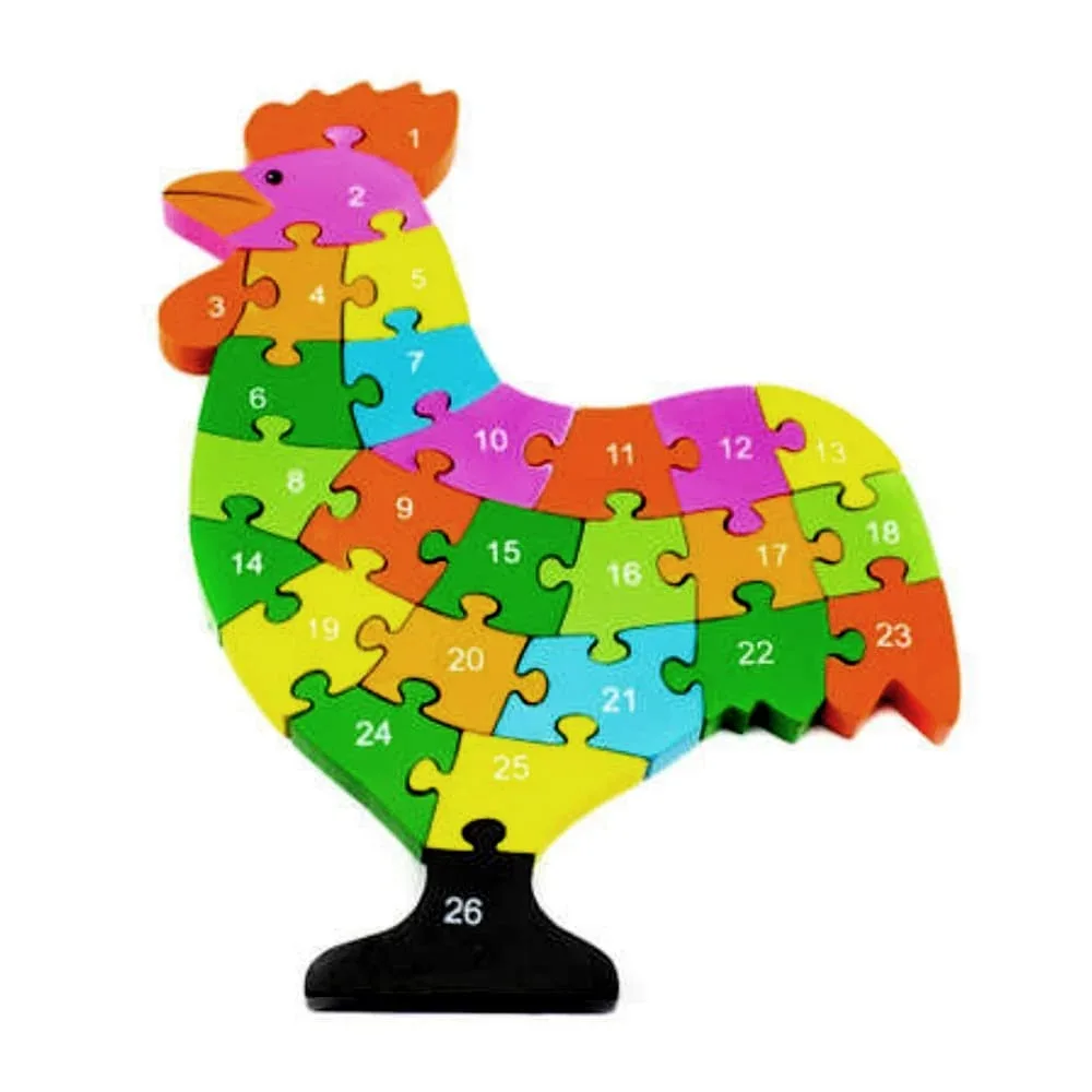 Rompecabezas didáctico de madera para niños en forma de gallo de colores con el abecedario y números / 12373