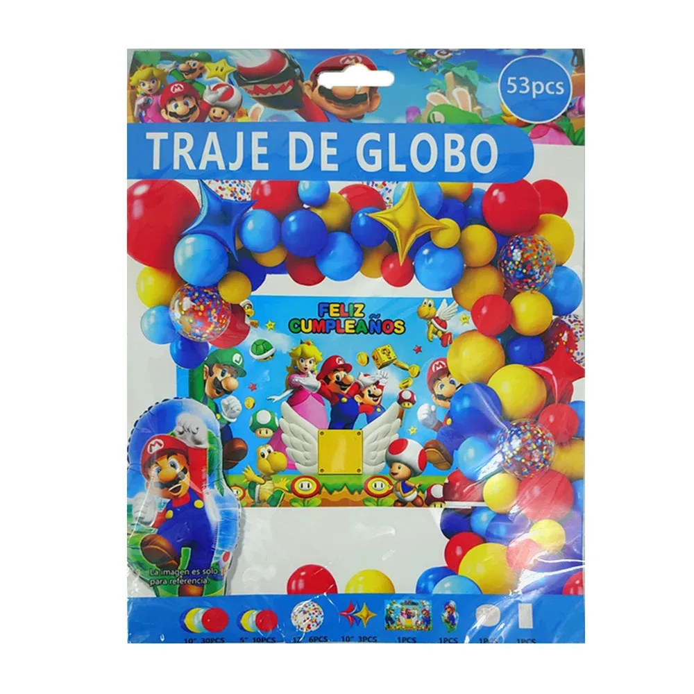 Kit decorativo mario bros de 53pcs / 30 globos de 10, 10 globos de 5, 6 globos de 12, 4 globos metálicos, poster de feliz cumpleaños, cadena de globo y pegatinas para globo / 60814