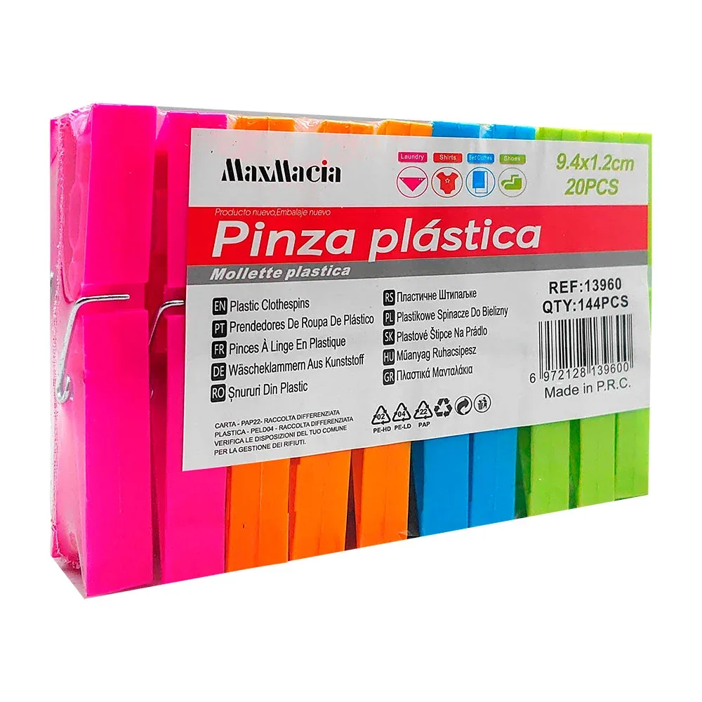 Paquete con 20 pinzas de plástico para colgar ropa, 9.4 x 1.2cm, variedad