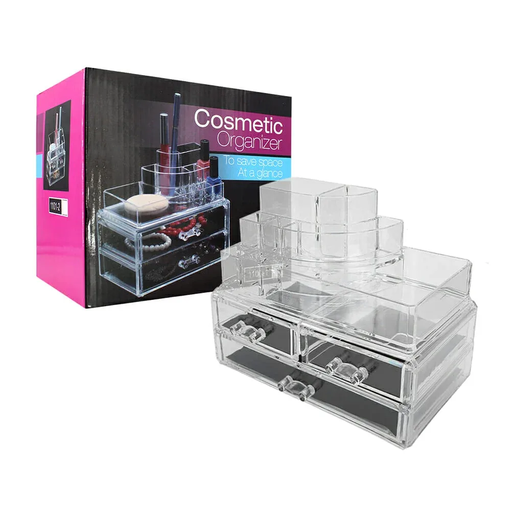 Organizador transparente desmontable de plástico con 3 cajones y 8 compartimentos para cosméticos / 1101-1