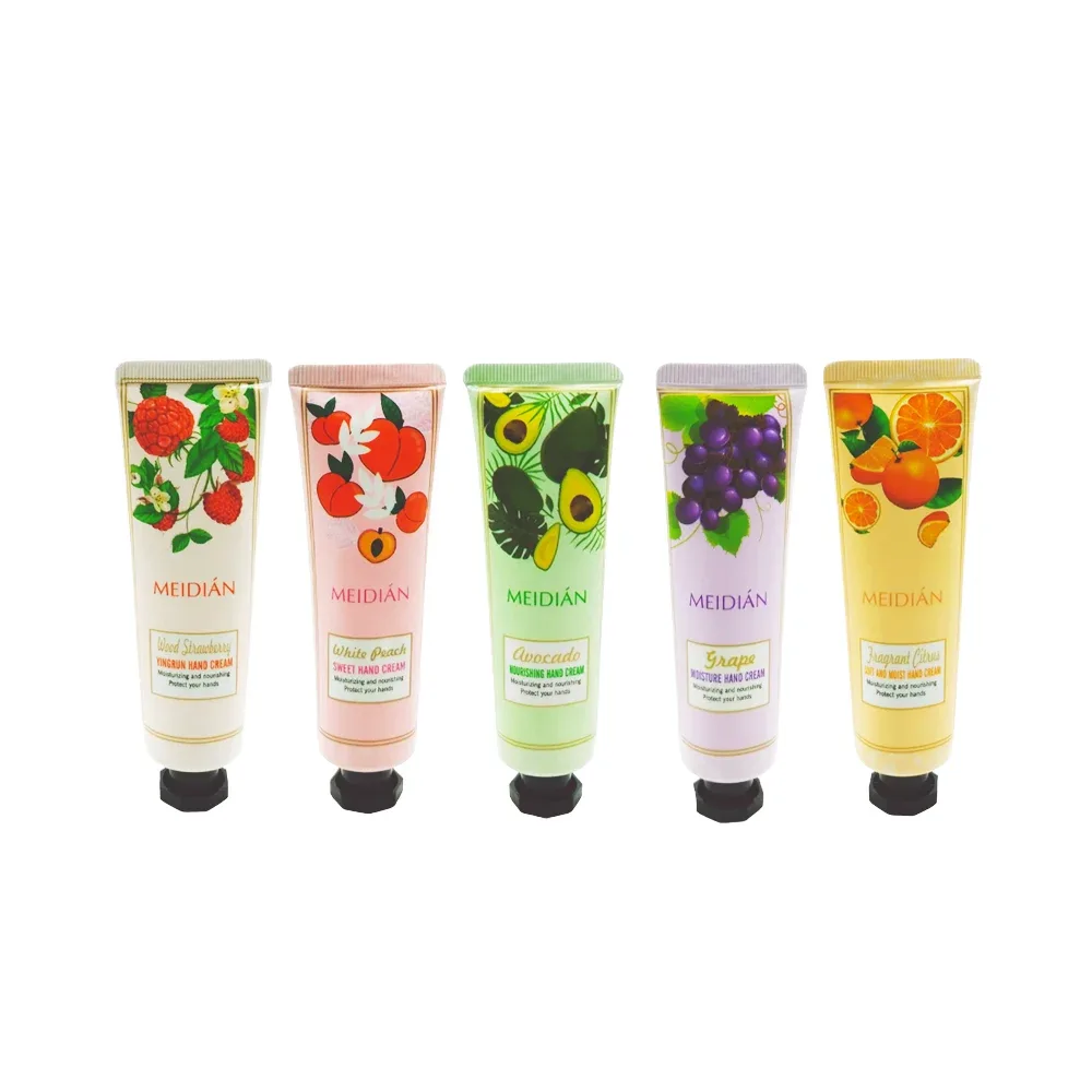 Paquete con 5 cremas hidratantes para manos con aroma y estampados frutales 30g / meidián / 8596
