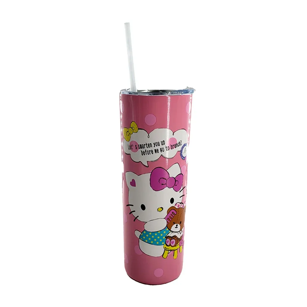 Termo de acero inoxidable con tapadera antiderrames + popote y estampado de hello kitty / zy-yw0015