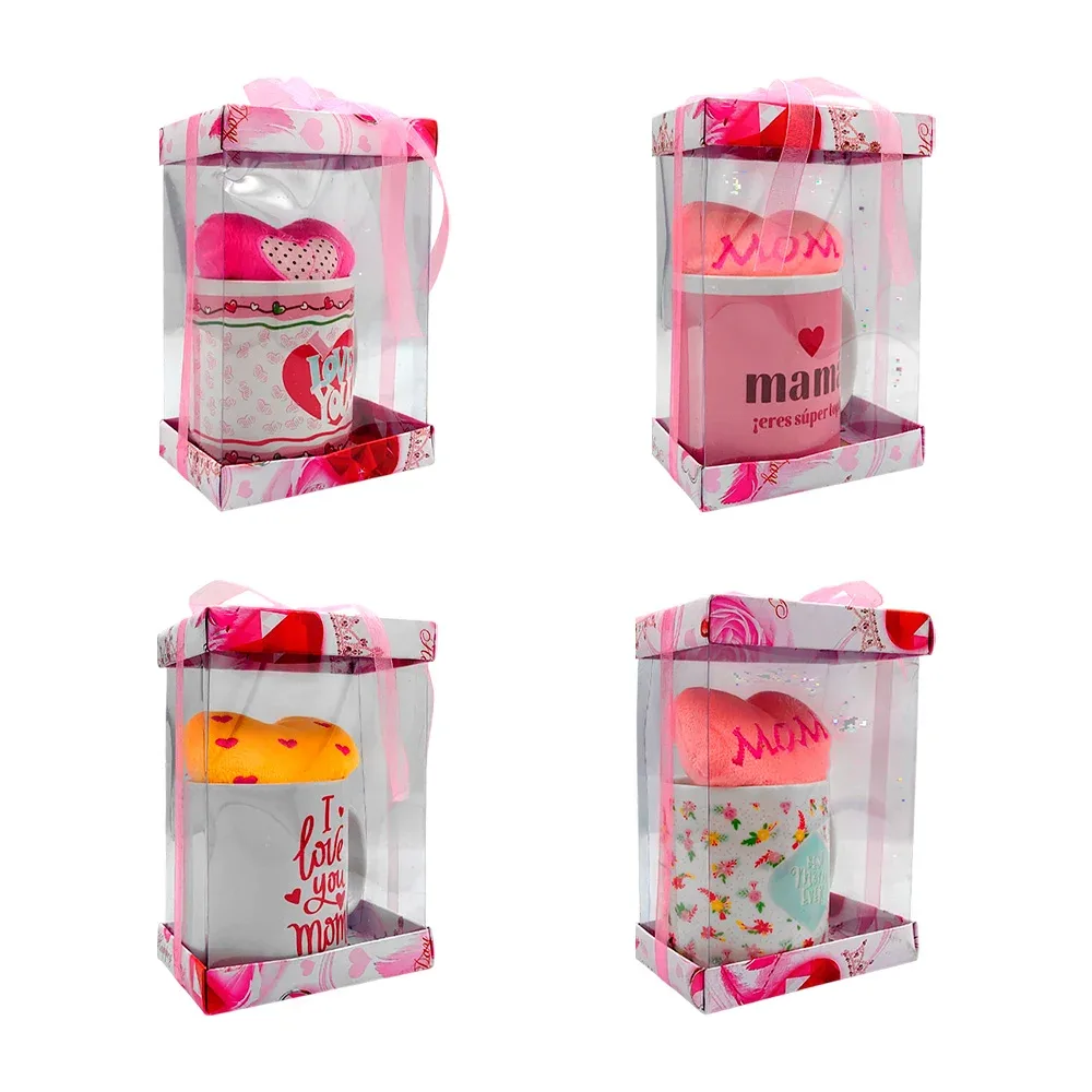 Caja rectangular transparente con taza de cerámica con temática de día de la madres + mini corazón de peluche, variedad de modelos / 23yh503