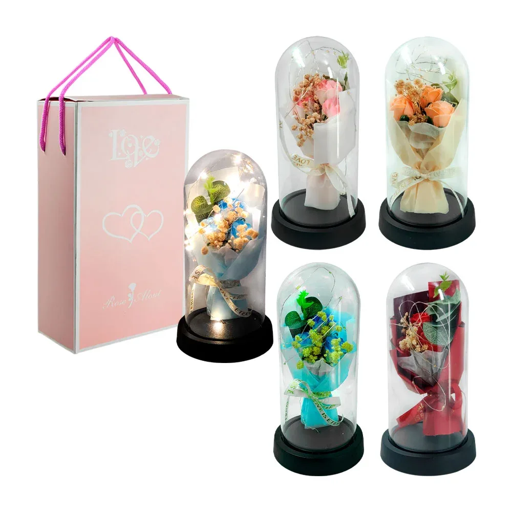 Ramo de 3 rosas con follaje encapsulado + serie led tono cálido y base negra