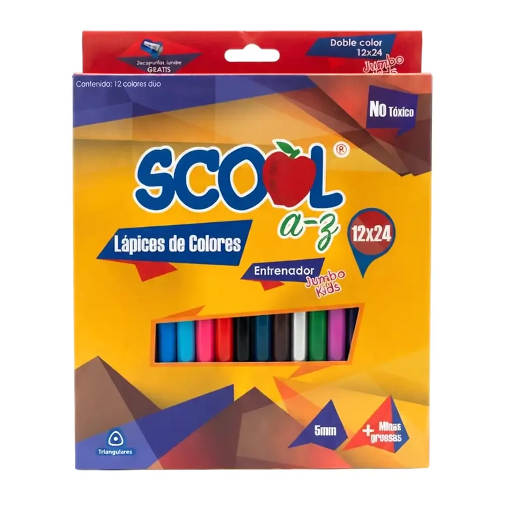 Estuche scool a-z con 12 lápices bicolores jumbo para entrenamiento + sacapuntas