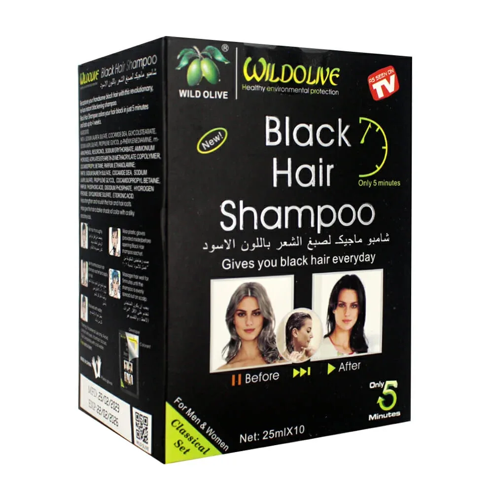 Caja con 10 sobres de shampoo oscurecedor con extracto de oliva para cabello negro 25ml / bc-j-1