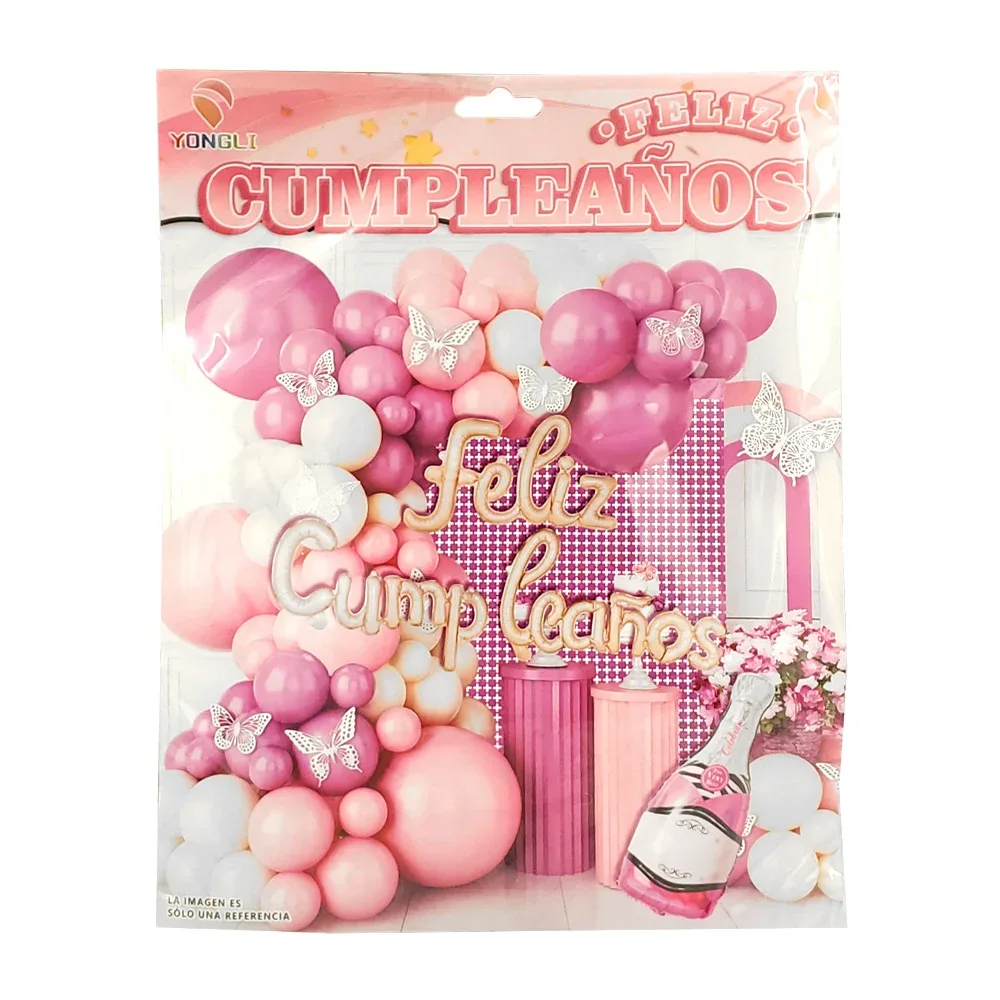 Kit decorativo feliz cumpleaños en tonos rosa y morado + globo de botella, 57 pz