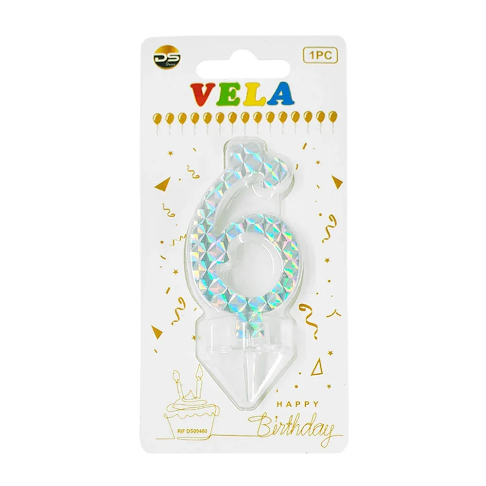 1pza Vela holográfica plateada con el no.6 para pastel de cumpleaños / ds09480