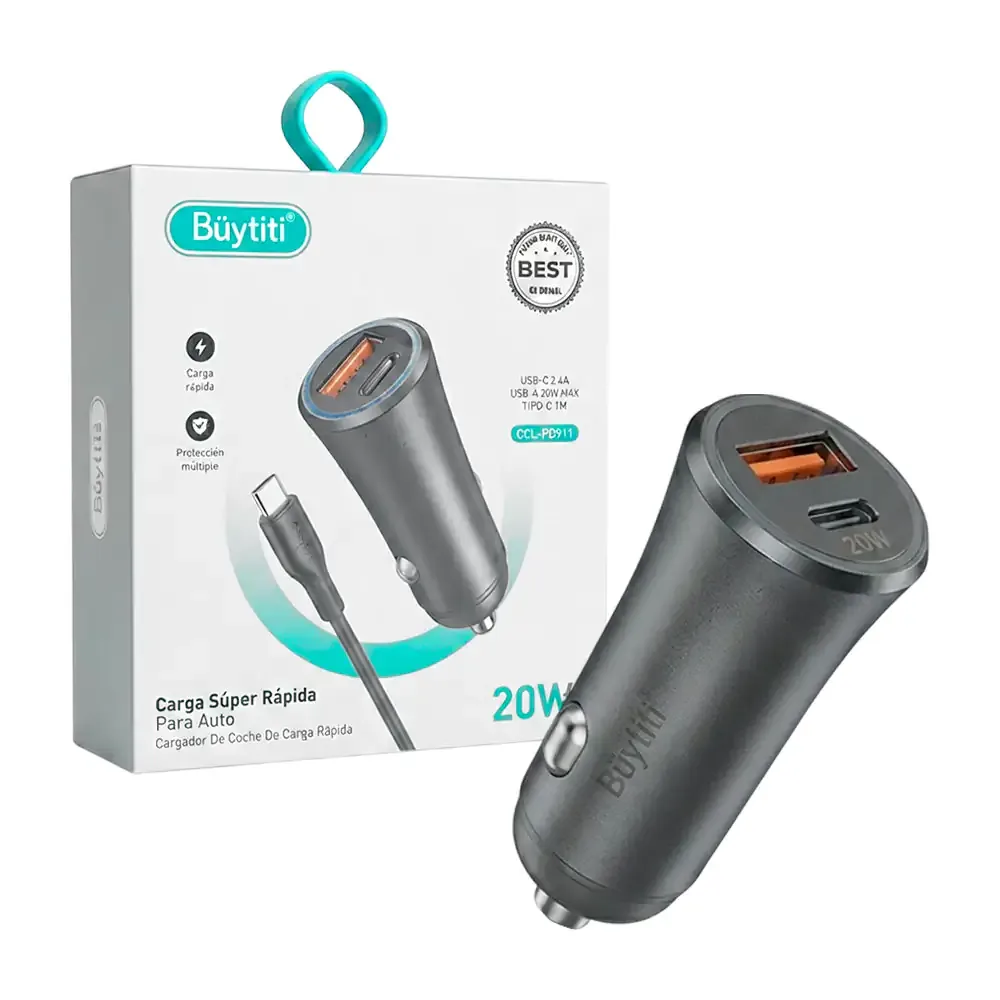 Combo plug cargador para coche, 20w con puerto usb c y cable de tipo c a tipo c