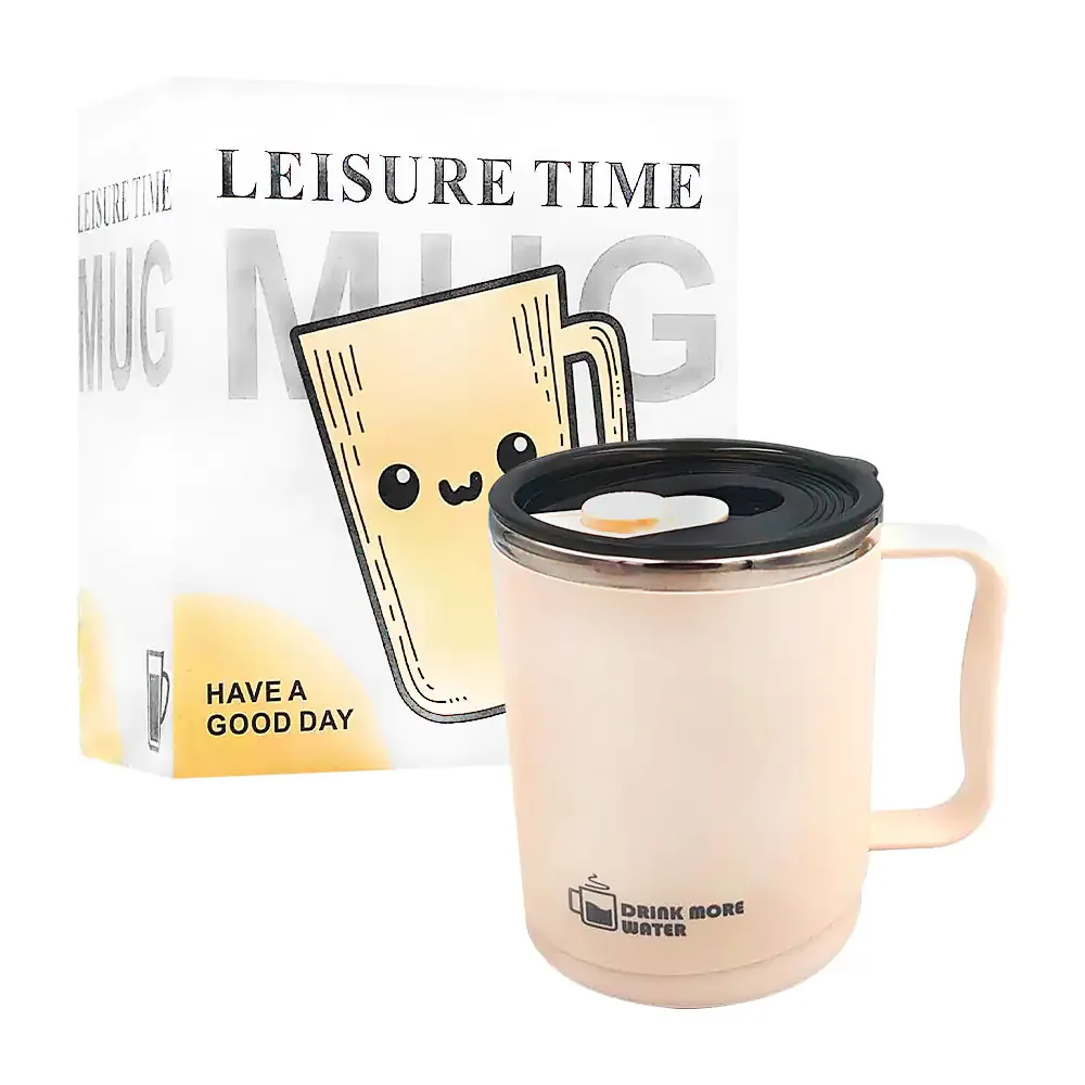 Taza térmica de acero inoxidable con agarradera de plástico y tapa antiderrames