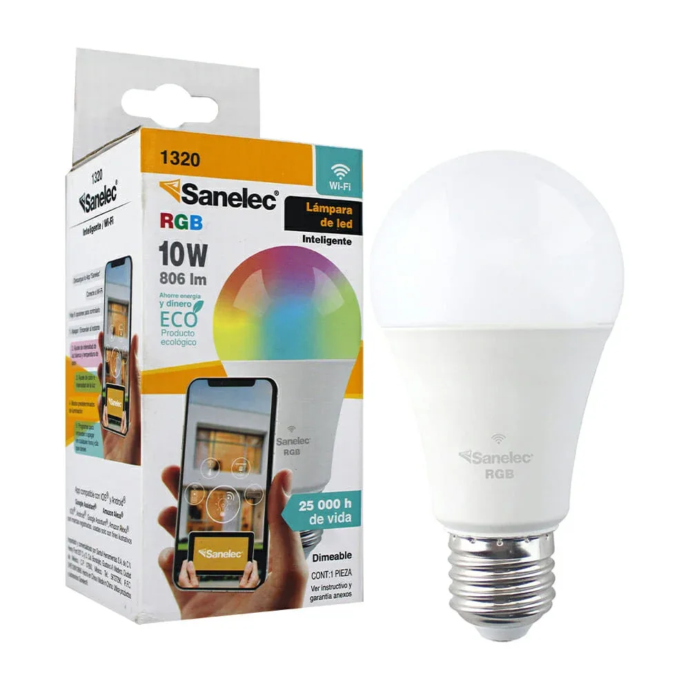 Foco led inteligente wifi rgb sanelec de 10 watts y luminosidad de 806 lúmenes / 1122