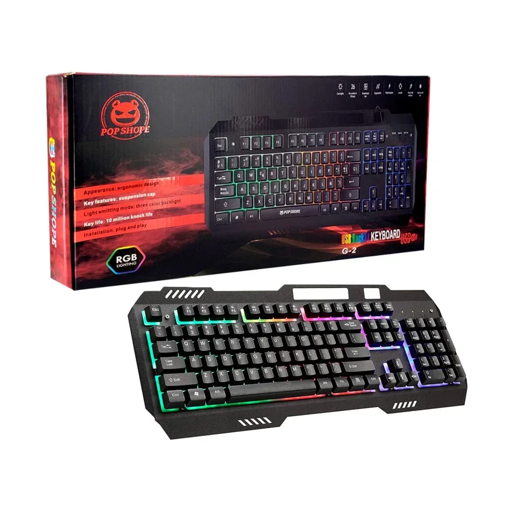 Teclado ergonómico gamer pop shope con luces rgb, teclas antideslizantes y cable de 145 cm / g-2