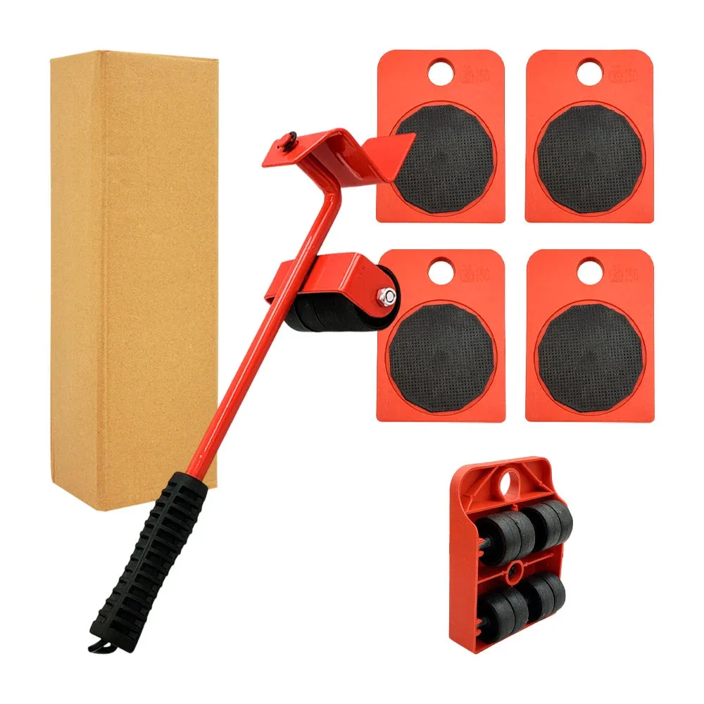 Juego con 4 soportes móviles y barra elevadora para transporte de muebles
