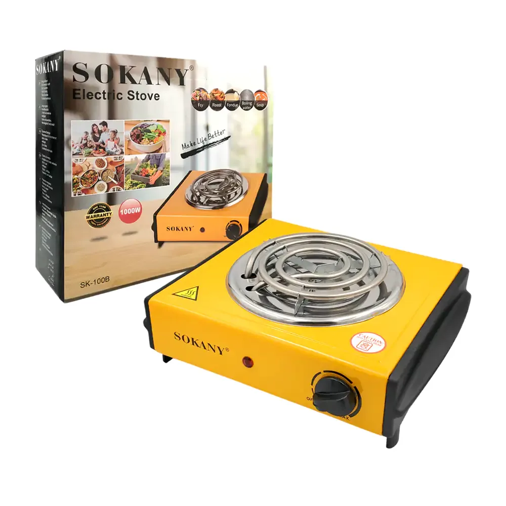 Parrilla eléctrica de un quemador, botón indicador y perilla reguladora, 1000w